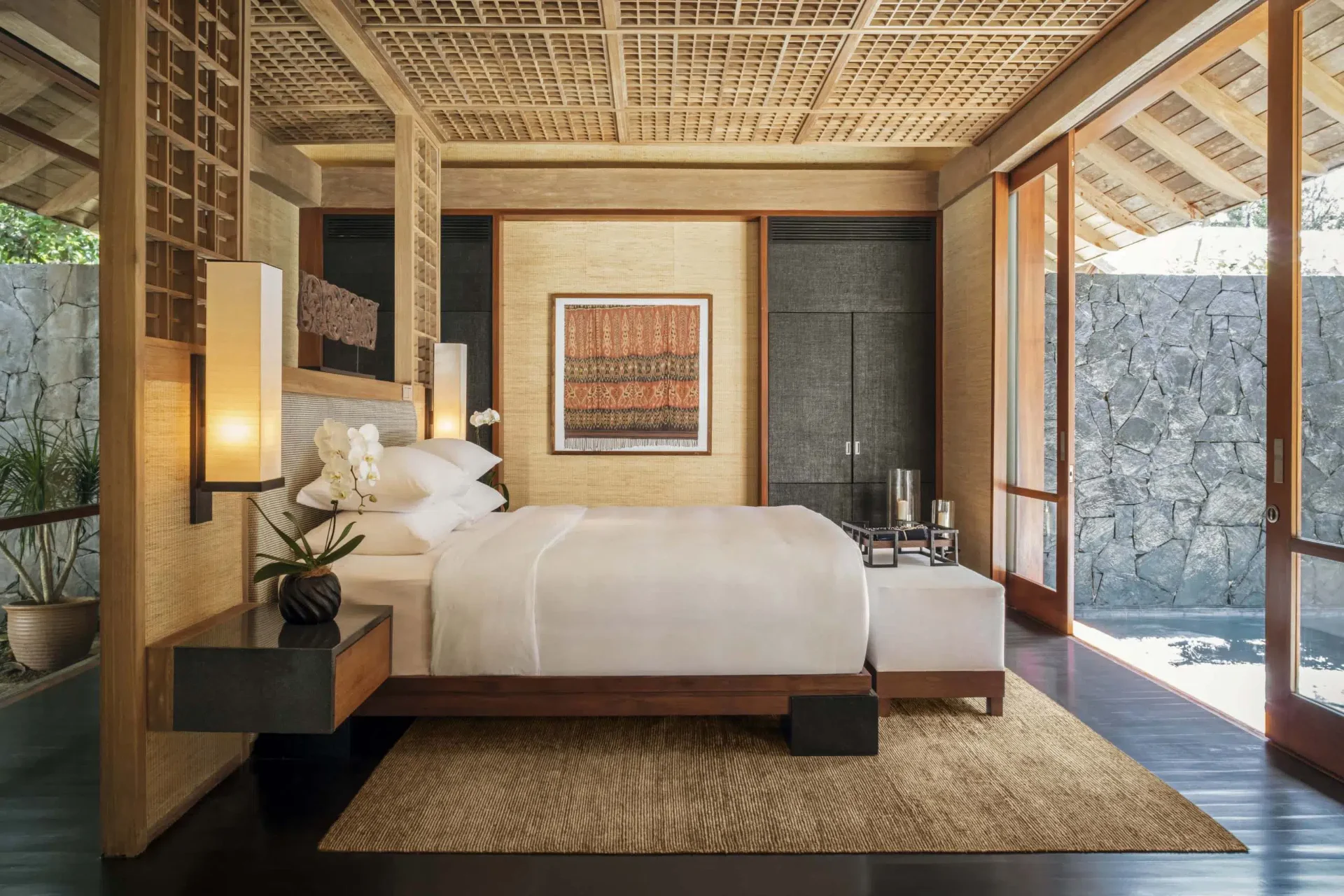 One Bedroom Beach Villa with woven ceiling and private pool view