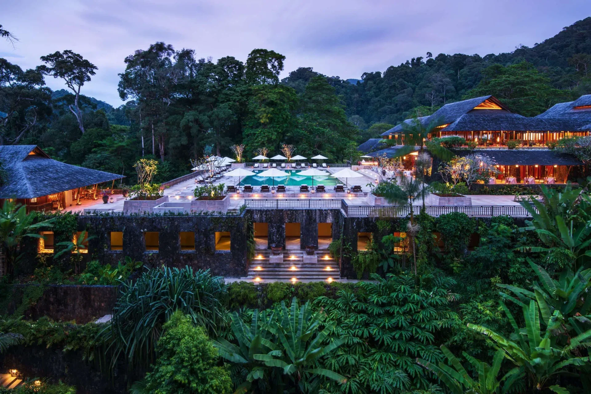 The Datai Langkawi nestled in the rainforest at twilight