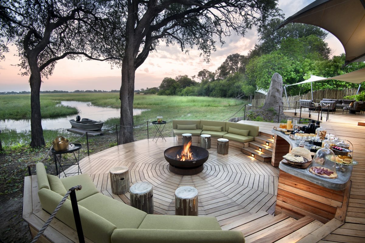 Sunset fire pit deck overlooking the Khwai River floodplain