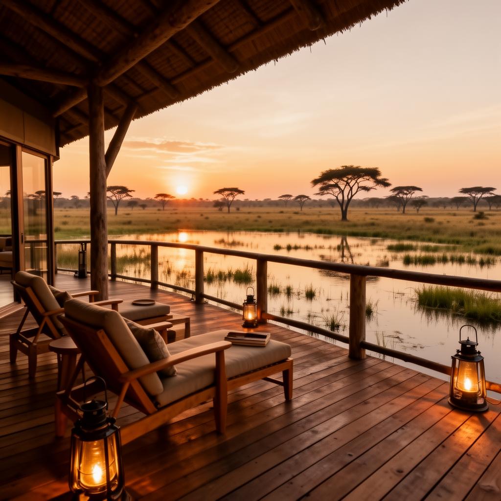 Lantern-lit deck at sunset overlooking the Delta